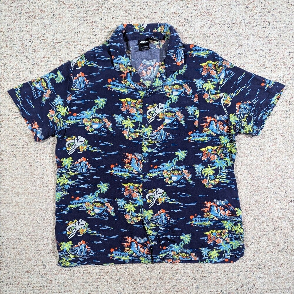 Star Wars Mandalorian Grogu Hawaiian Shirt Button Up Mens XL Navy Blue Rayon